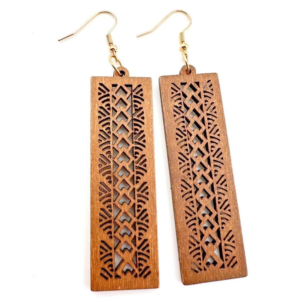 Chestnut Brown Stained Wood Art Deco Designed Rectangular Bar Earrings